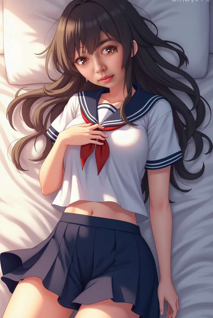 (The lower half of the body is naked)、(You can see the real pussy and anus)、((Highest quality, 8K, masterpiece:1.3, Realistic:1.3)), {{Lying in bed, From above, dakimakura}}, Japanese schoolgirl, Single women, very light brown hair, With bangs, (Japanese Uniform, socks, Thick thighs,Save the song in cotton), Highly detailed face and skin texture, Beautiful Eyes, Lip details, The hair is very well drawn, Facing the children, In the heat, Embarrassed look, Natural Makeup:1.0,Skirt Lift,(Wearing light grey side string full back high leg pants(No ribbon))、(From the back)、