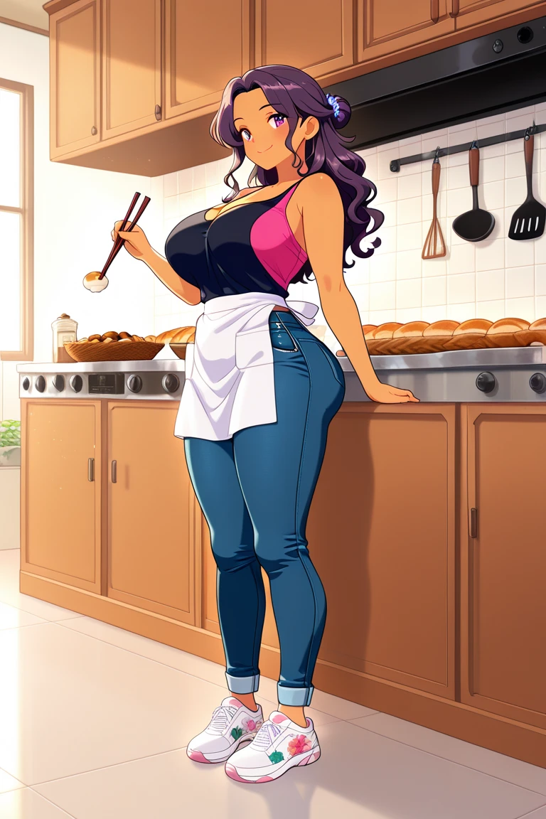 detailed illustration (side view),dynamic angle,ultra-detailed, illustration, pose for the camera, smiling at viewer, clean line art, shading, anime, 2020’s anime style, detailed eyes, detailed face, beautiful face,
1girl, mid 40’s year old Chinese American woman, during the day, in a fancy home, standing in the kitchen , wood paneled walls, beautiful dark wood floors, oriental rugs, obese and thicc,motherly and nurturing, silk waist-long dark hair, big round firm belly, 350 lbs+ weight, 6’ tall, strained purple sweater, soft smile, look cute, tight clothes, tight mom jeans, very wealthy looking, tall, grey eyes, anime eyes, thick thighs, large protruding belly, belly sag, thunder thighs, thighs always touching