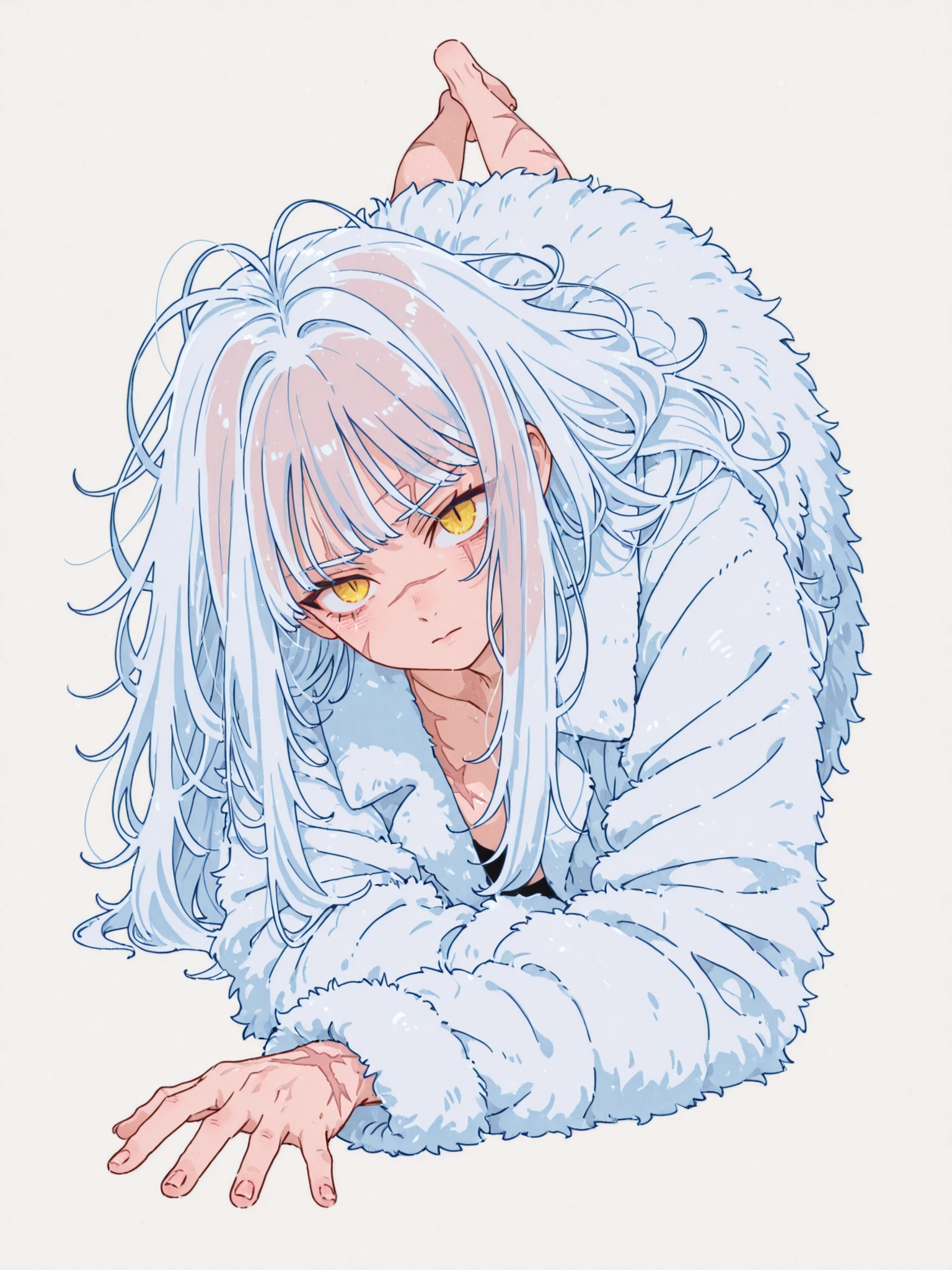 white long messy hair with  yellow eyes, scar on left eye, dynamic pose, fierce look, transparent hair, fur coat