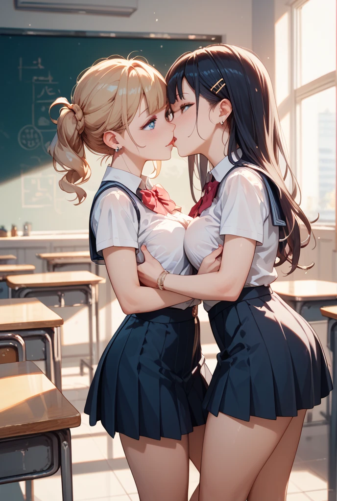 masterpiece, best quality, highly detailed, ultra high res, ayase arisa, 2girls, ((mutiple girls)), hair ornament, glossy lips, medium breasts, white shirt, pleated miniskirt, thigh highs, school, classroom, ponytail, twintails, eyes closed, facing each other, kissing