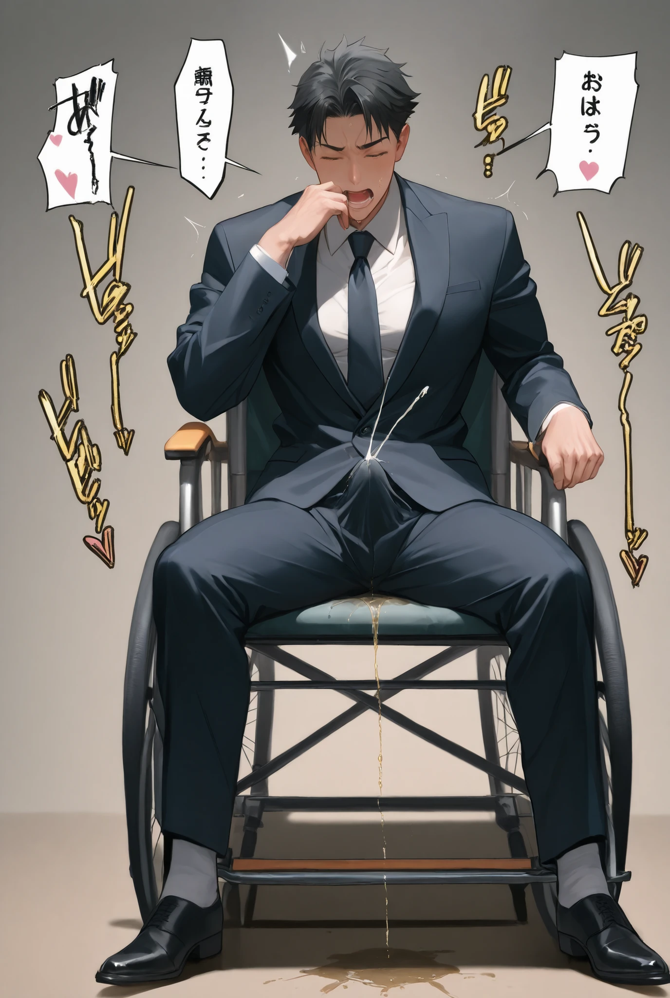 1handsome male 、オフィスで働く workers who are being bullied by their coworkers、 30 years old、Slim Muscle、Her black hair is hanging over her ears、Dark Colored Luxury Business Suit、sitting in a wheelchair、correct proportions、 Waist-Tightening Suit You Can See Your Turbulent Upper Body 、The underwear in the briefs is visible、Having an erection in your underwear、underwear、、(orgasm:1.5)、 Beautiful man、Masturbating、Erected Nipples、Panting、speech bubble、urinary incontinence、pee、Pleasure、full body shot、full shot、