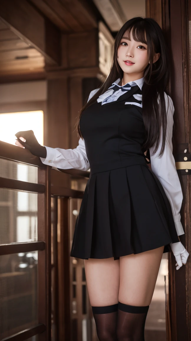 masterpiece, best quality, highres, kasumigaoka utaha, 1girl, solo, pantyhose, long hair, black pantyhose, skirt, , black hair, hairband, red eyes, pleated skirt, long legs, white hairband, breasts, serafuku, bangs, jacket, large breasts, cowboy shot, horny smile, horny face, feets