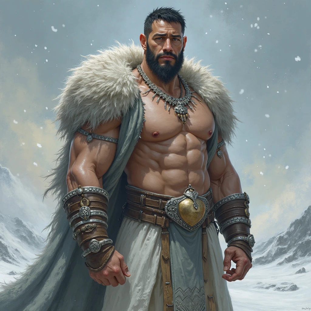 A character from Dungeons and Dragons who is a human ranger, is around 33 years old, Athletic, dark haired, dense beard and very white skin, between 1,80 and 1,91 meters high, has many tribal tattoos on his face and forehead, dresses in a large polar bear skin, the bear's skin still has the animal's head covering the human's head, You can still see the teeth in the bear's mouth, and light clothes to disguise yourself in the snow-white landscape, carries a bow and arrows on his back, has a dagger strapped to his waist. It has a necklace with a wooden carved bear pendant around the neck., rings on his fingers and has a hard, distant look