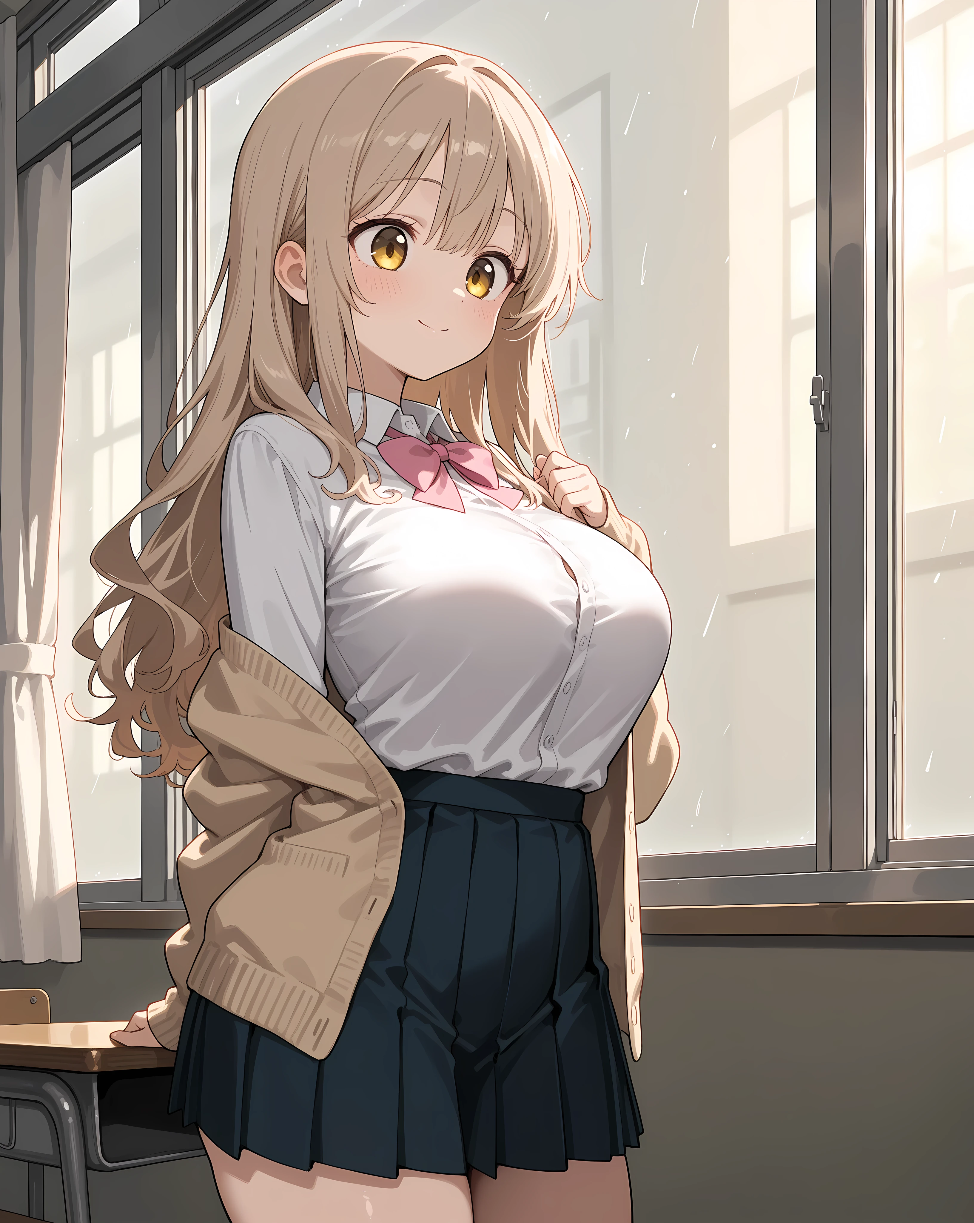 anime art, punctuation_9, punctuation_8_High above, punctuation_7_High above, punctuation_6_High above, punctuation_5_High above, punctuation_4_High above, toga himiko, breasts big, She is 24 years old, styled_3, ,,, yellow eyes , , , , _, , His usual outfit consists of a simple seifuku with a very short Kansai collar and a wet, translucent texture., with the eyes appearing a little., both the short skirt showing the thin, translucent white panties and the small, transparent dark blue shirt with a double white finish, really small, which is combined with a red scarf that she ties loosely below almost falling down. On top of this, She wears a small beige cardigan with small hem and cuffs , and pockets on both sides, the one on the right shows a series of trinkets on a keychain or on a cell phone strap. She wears black knee-high socks and dark brown school shoes.. fundo cinza, the view would be of her from the coast and a view below her, your ass would be very big and your panties would be very thin, the poico skirt covered it, and she wasn't wearing a bra underneath her transparent t-shirt