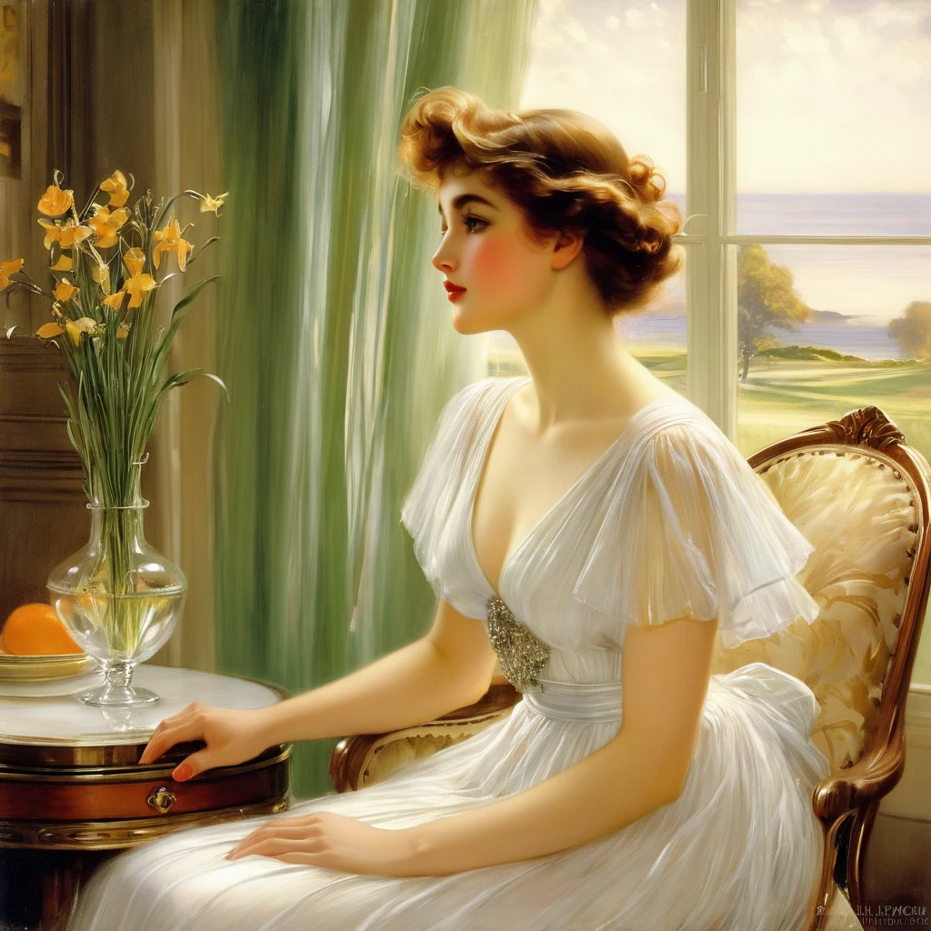 <lora:JohnSingerSargent:1>a painting of a woman in a white dress sitting on a couch with her hand on her head by John Singer Sargent