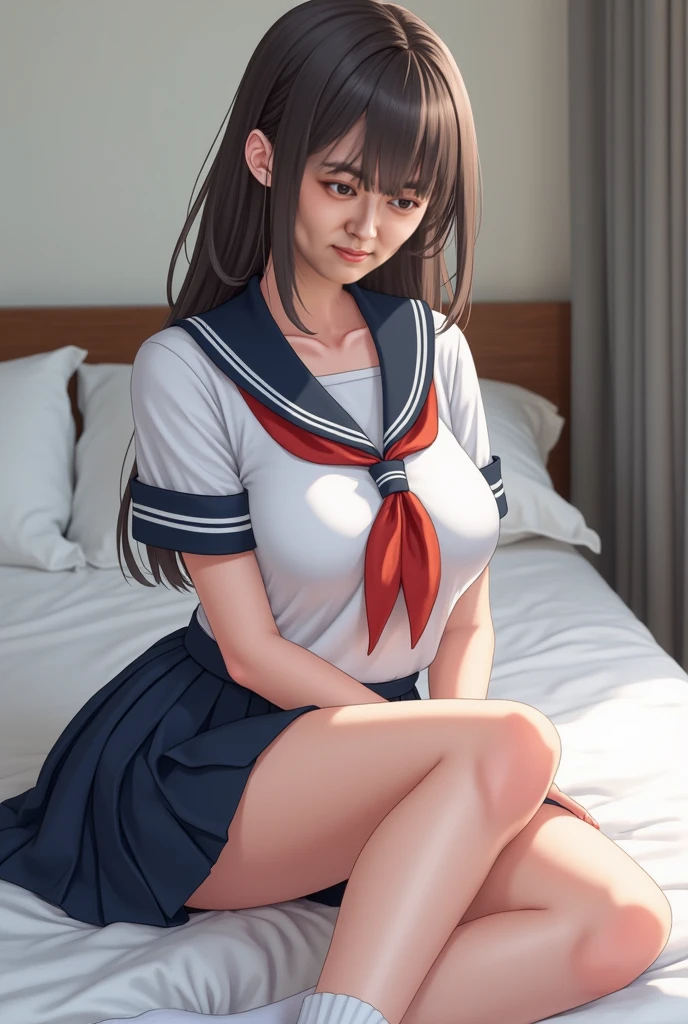 NSFW, 1 woman, solo, orgasm, ahegao,  (crying:), (drooling), smile, steam from pussy, green detaled eyes, (Nipples:1.5), (spread pussy, Pubic hair:1.2), (clear pussy juice:1.3), (showing pubic area:1.5), (Large breasts), (cleavage),  (on a bed) , (spread legs to limit:1.5), ((thin thighs)), (white crop top shirt), (sleeveless:1.3), (Sailor uniform only for the upper body), masterpiece, Best Quality, High quality, High Definition, Finely detailed, Detailed texture, realistic representation of face, Realistic, Colorful, Ray tracing, lighting forward,  (Detailed beautiful delicate face, Detailed beautiful eyes, A perfectly proportioned face, High detailed skin, best ratio four finger and one thumb, ((Smooth texture, Realistic texture, Photorealistic)), (Beautiful face, Cute face, Detailed face), (red ribbon tie), Navel, blue sailor collar, (without Skirt:2.0), side ponytail,at night