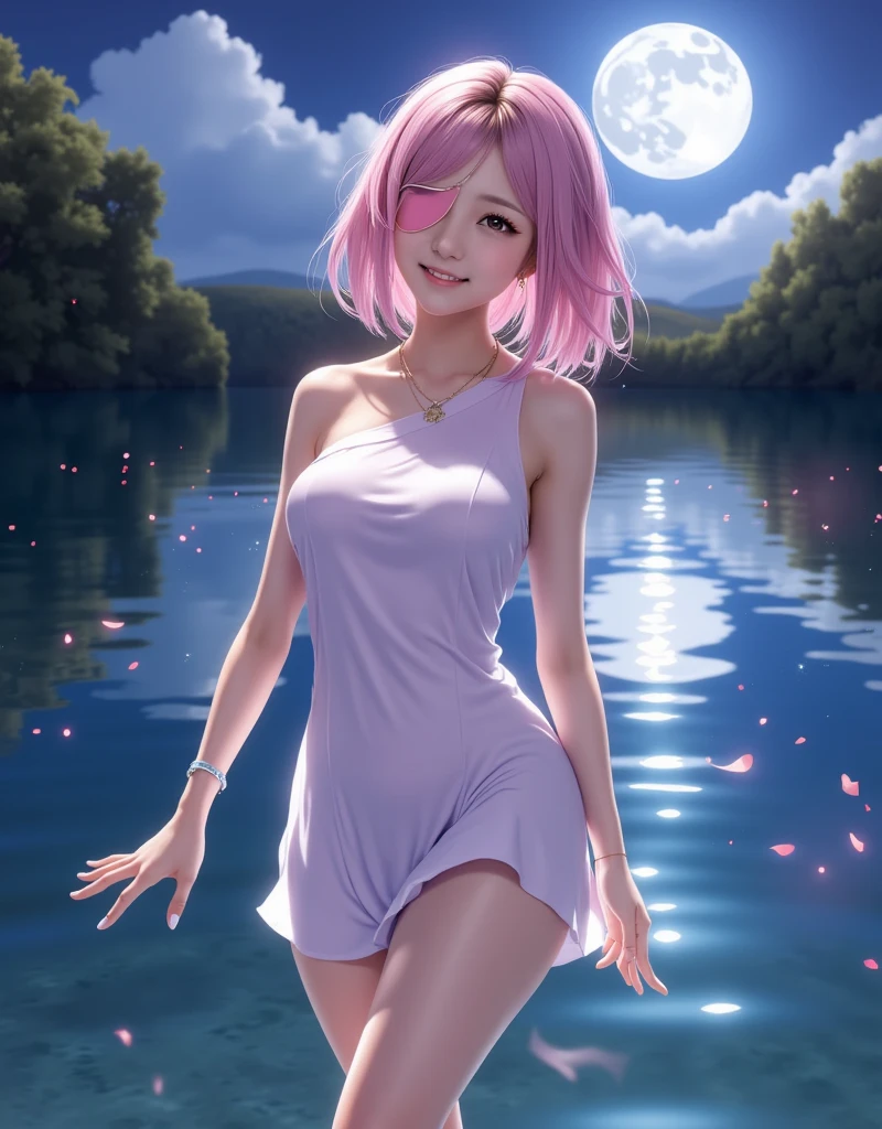 low angle,from below, ((masterpiece:1.4, best quality)), ((masterpiece, highest resolution)), (beautiful illustration),Vulgar,low angle,from below, ((panty shot)),(nsfw),((white panties focus)), ((1girl, showing white elegant see through panties and beautiful pink nipples)),Beautiful winter landscape in Europe, lake with ice in the middle, illustrative image looking up at a 30 degree angle from a camera placed at a height of 50 cm on the edge of the lake, night sky visible, full moon