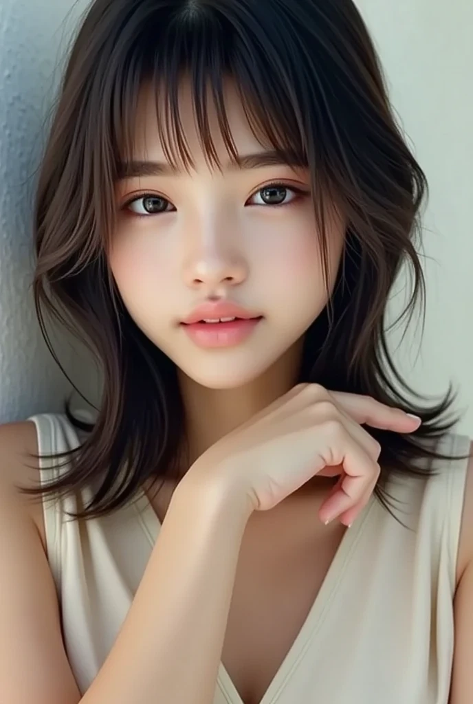Generates a close-up image of a cute Japanese girl gazing at you with a seductive look。She is wearing a sleeveless top and a tight mini skirt.、like々Enhances the stylish look.。Hair is a trendy color（for example, Light brown or blonde）Dyed、It&#39;s a loose and playful wave..。In the background、The painting depicts a vibrant urban landscape characterised by soft, blurred and colourful light..、Highlight her features。The makeup is perfect、In line with the latest trends.、To bring out her charm、Special focus on eyes and lips.。have confidence、She has a slightly mysterious look、It&#39;s full of charm and fun.。The sleeveless top and mini skirt suited her perfectly..、Showing off her curves and fashionable style、Keep the look modern and attractive。
