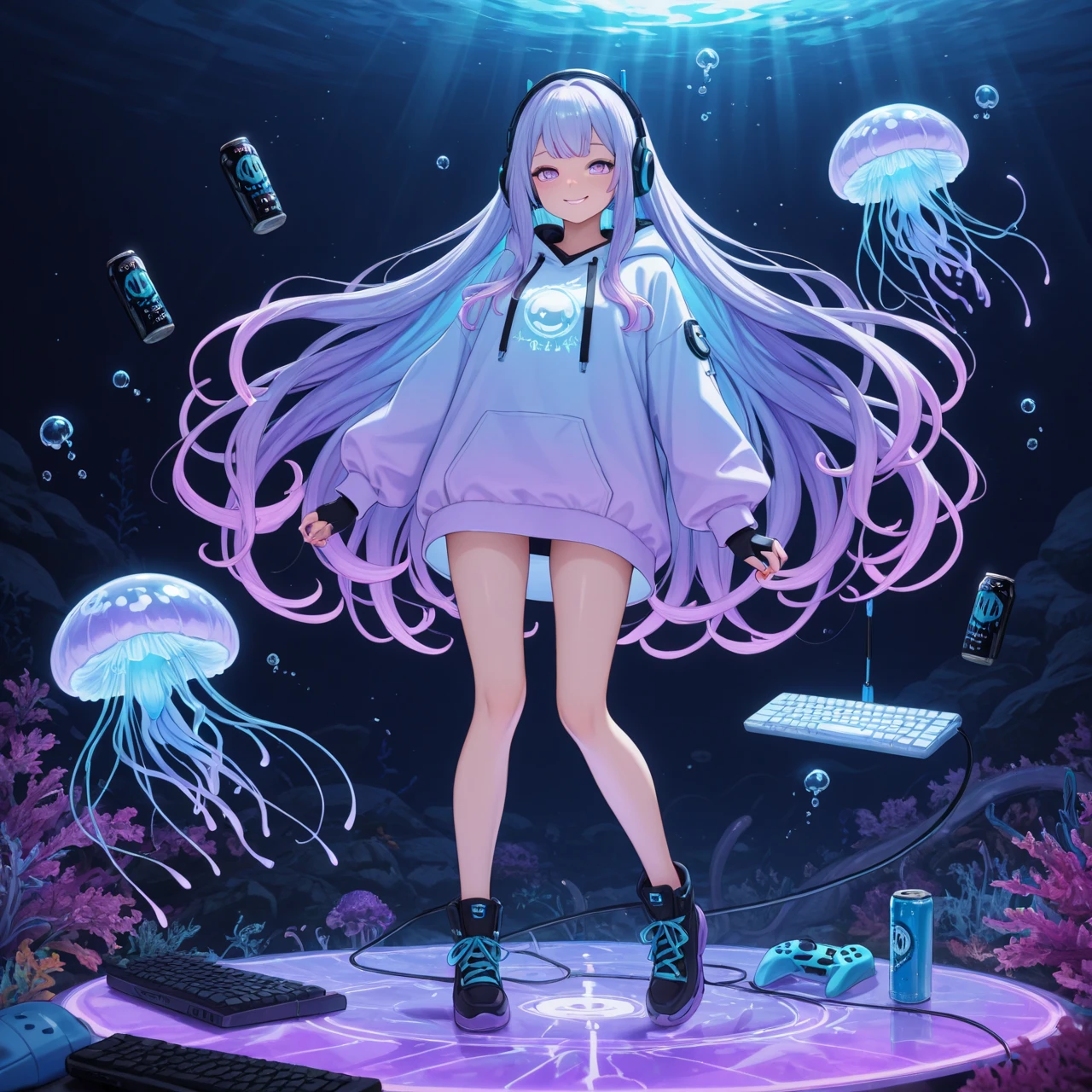 masterpiece), (best quality), (official art, extremely detailed 8k CG unity wallpaper), (very detailed), ((absurd), 1girl, mid-shot, (exquisite facial features), (serafuku: 1.3) (( SFW)),((light hands)), ((white thighs without shoes)),aqua eyes, colored contact lenses, stars in eyes, (((colored bubble))), colored glass, (album cover), her hair stood out floating above her head,  multicolored bubbles, she buddies a black skirt with flower embroidery, she is under water