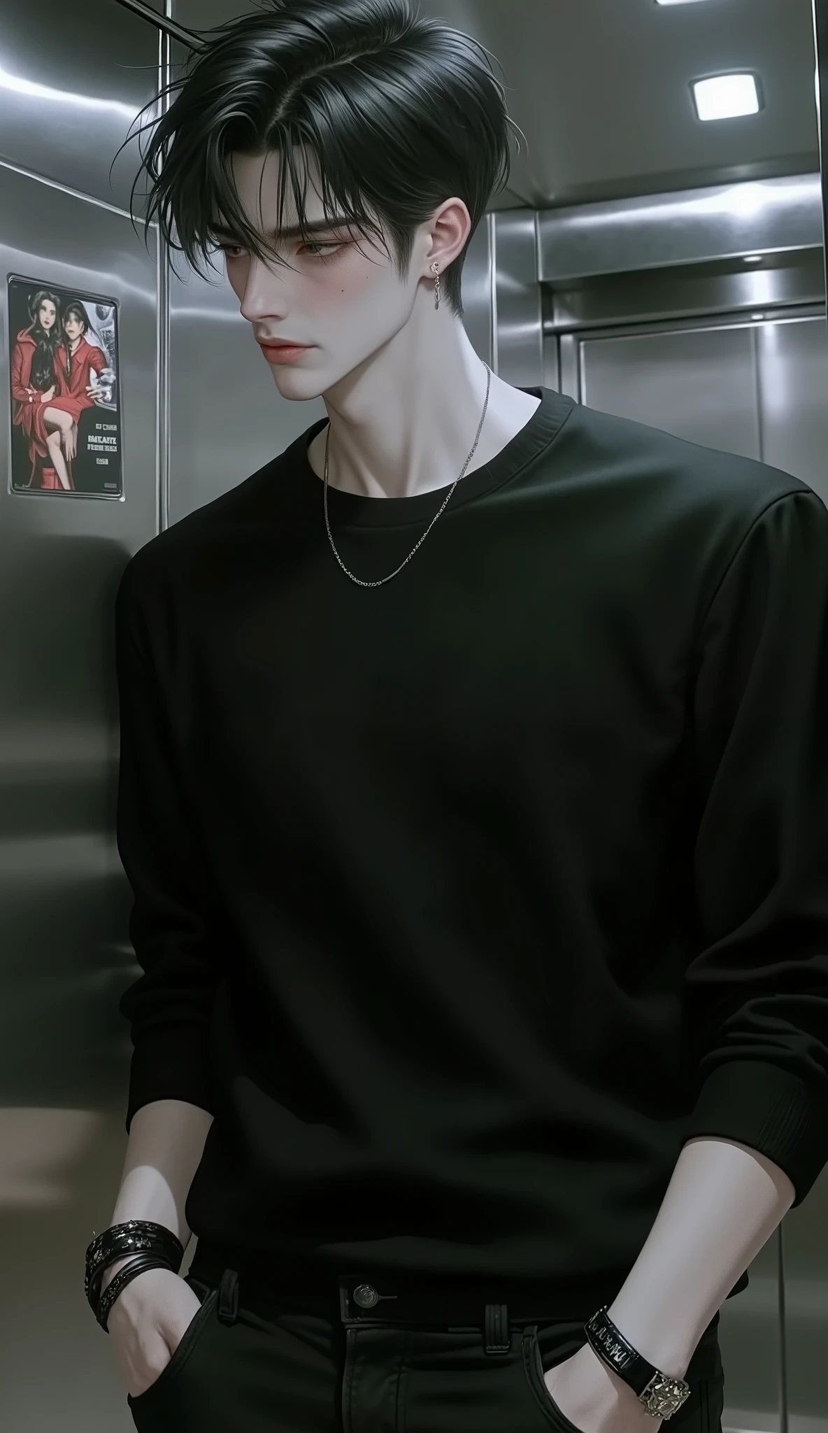  a man，Has slightly messy black hair，with deep eyes looking cold，wearing a simple yet delicate black sweater and jeans，Height 185cm，I often wear a black leather bracelet on my wrist。The background is inside an elevator，There is an advertisement in the elevator