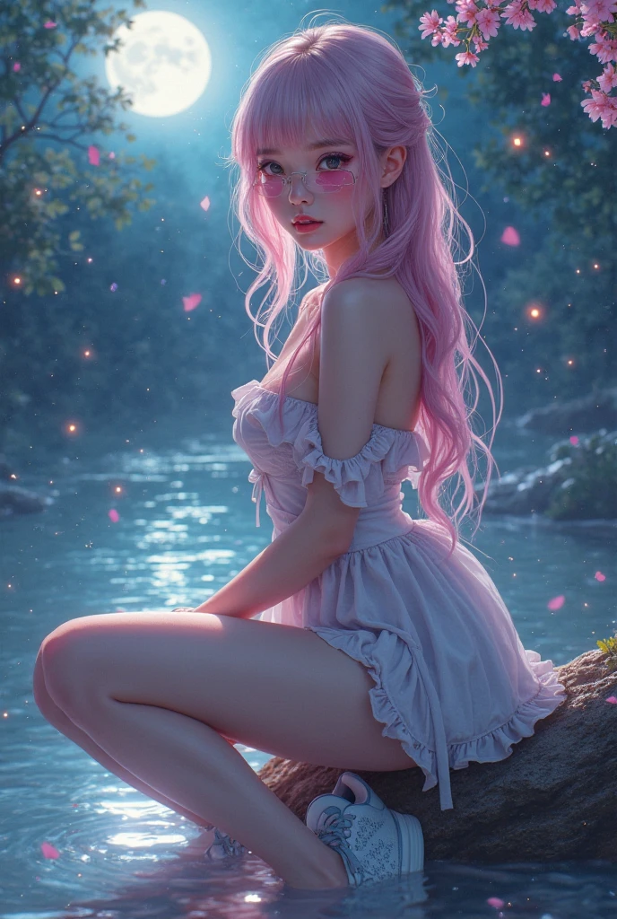 A pink haired woman with violet eyes with an hourglass figure in a summer dress is blushing by a pond in the park