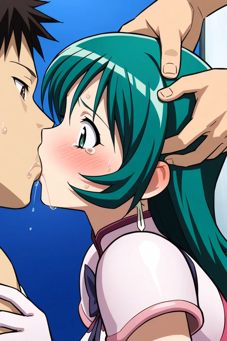 (masterpiece, best quality), realistic, 1 girl, Fair-skinned, (voluptuous:0.7), light blue hair, naked, (Blowjob, penis focus), (1 man), closed eyes, sweat, drooling
