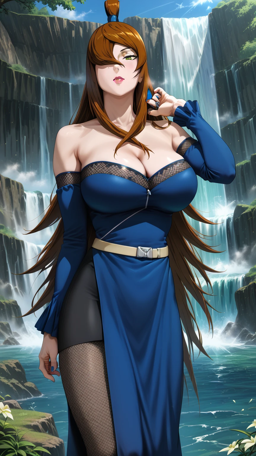 photo of a woman pouting, masterpiece, best quality, absurdres, 1girl, solo, KatarinaClaes, asymmetrical bangs, gentle smile, earrings, hair bow, bodycon, (skin-tight, microdress:1.2), (blue dress), busty, curvy, pink lipstick, pouting, o-rings, chain, waist cutout, belt, (elbow gloves), cleavage, navel, midriff, narrow waist, gigantic breast, hanging breast, huge hips, thick thighighs, looking at viewer, NSFW
