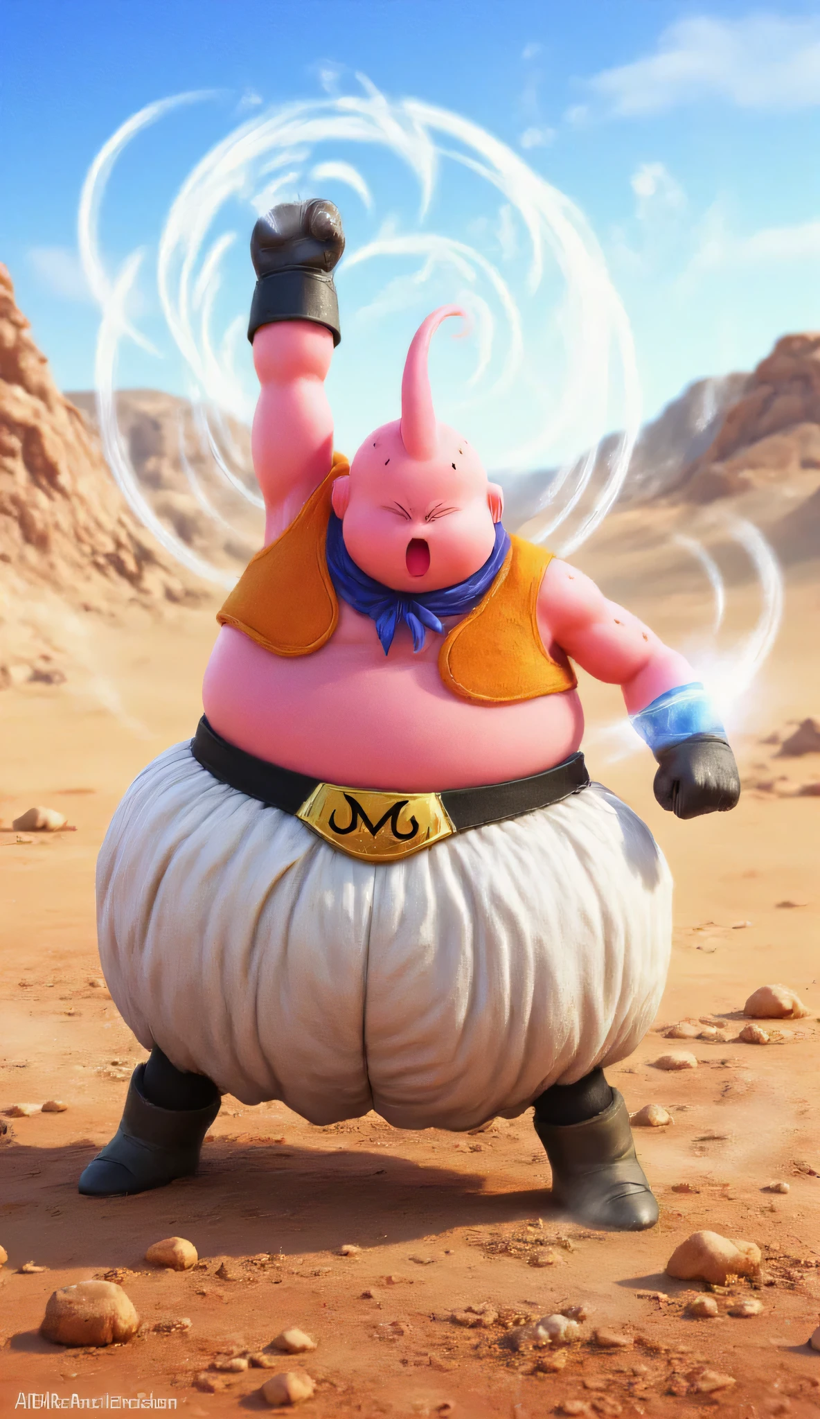 Buhan Character – a hybrid of Majin Buu and Gohan from Dragon Ball Z, in hyper-realistic style with highly detailed pink skin texture, muscular body, intense battle expression. Wearing loose white pants, black belt with golden 'M' symbol, wearing orange martial arts gi with blue shirt inside, blue wrists with cloth details. Curved head antenna modeled with high realism. Dynamic fighting pose with one arm raised, energy aura glowing around the body. The background is a vast desert with sandstorms and debris, cinematic lighting, dramatic atmosphere. Unreal Engine quality CGI rendering, 8K resolution, photorealistic materials, epic action scenes."
