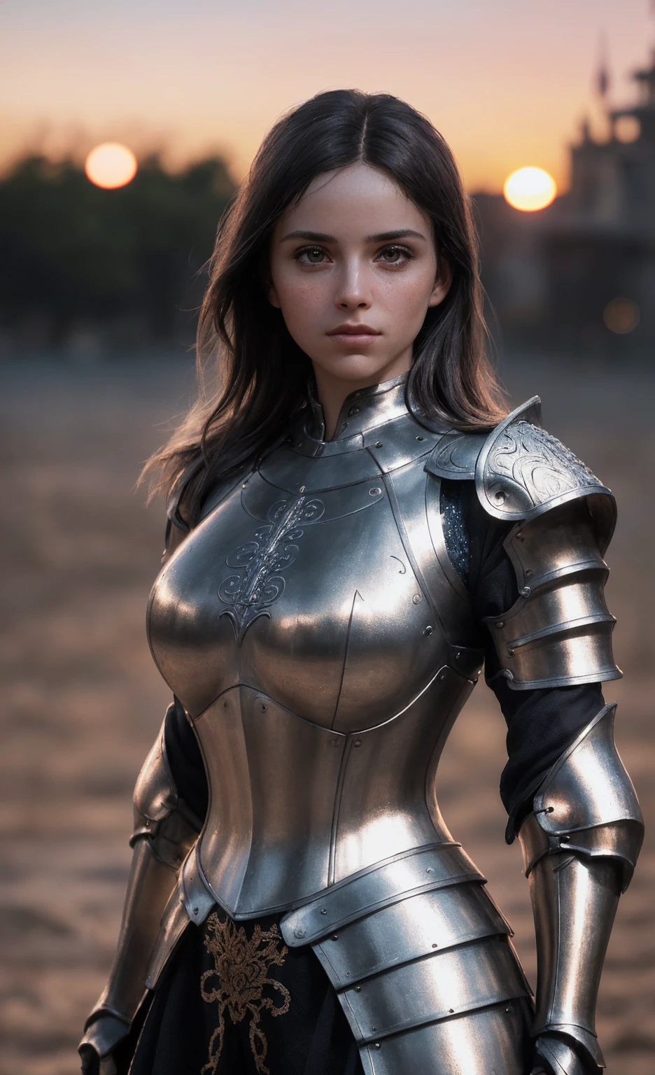 (Masterpiece), (extremly intricate:1.3), (Realistic), Full length portrait of a girl(Jessica Alba), The most beautiful in the world, (Medieval Armor), Metallic reflections, exteriors, intense sunlight, far away castle, Professional photography of a stunning woman in detail(Dog pose), sharp-focus, dramatic, award winning, Cinematic lighting, Unreal Engine octane render, Volumetrics DTX, (Film grain, blurred background, blurry foreground, bokeh, Depth of field, Sunset, Motion blur:1.3), chainmail, wallpaper 2560x1600