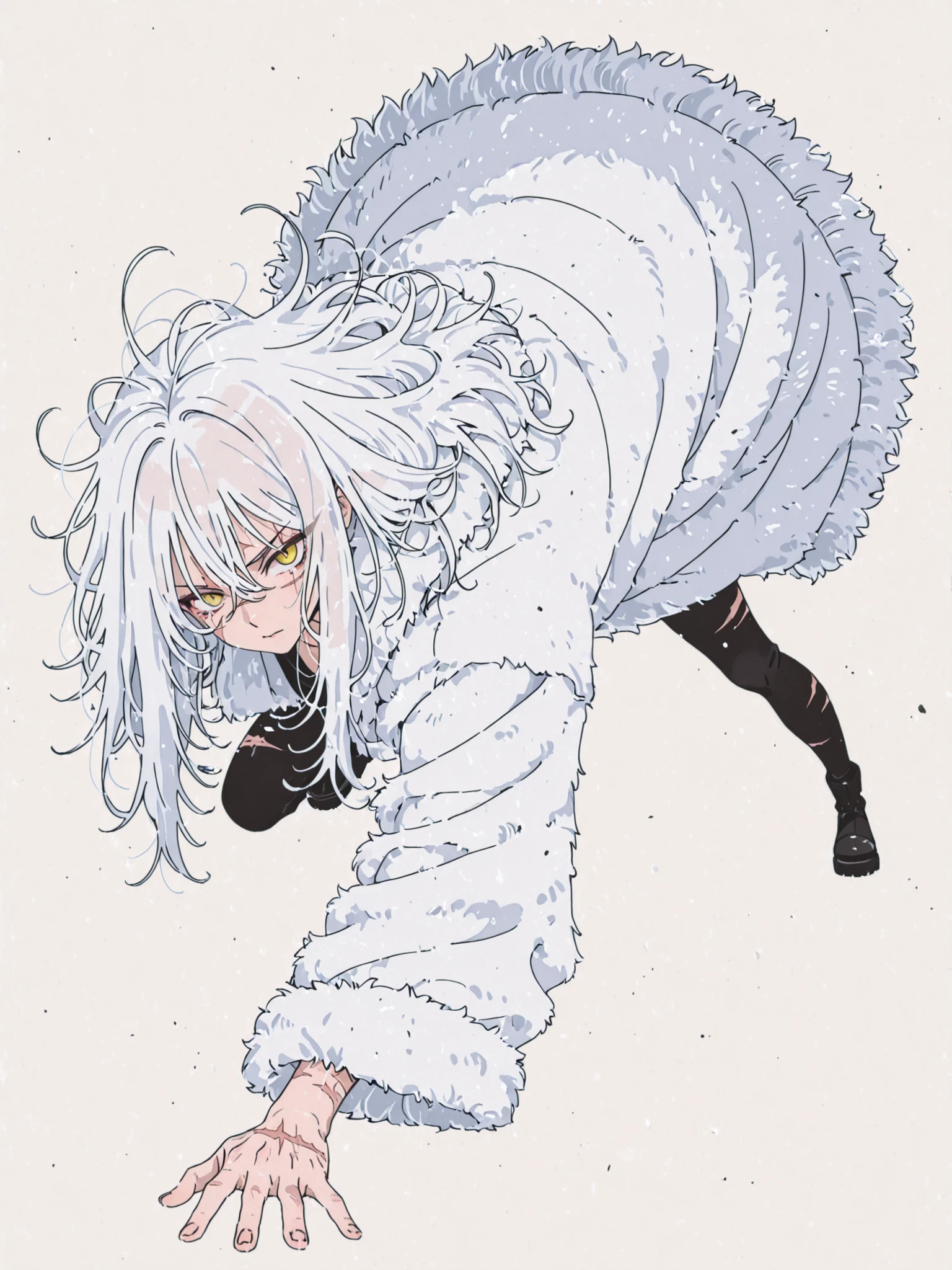 black and white long messy hair, yellow eyes, scar on left eye, dynamic pose, fierce look, transparent hair, fur coat, black and white palette