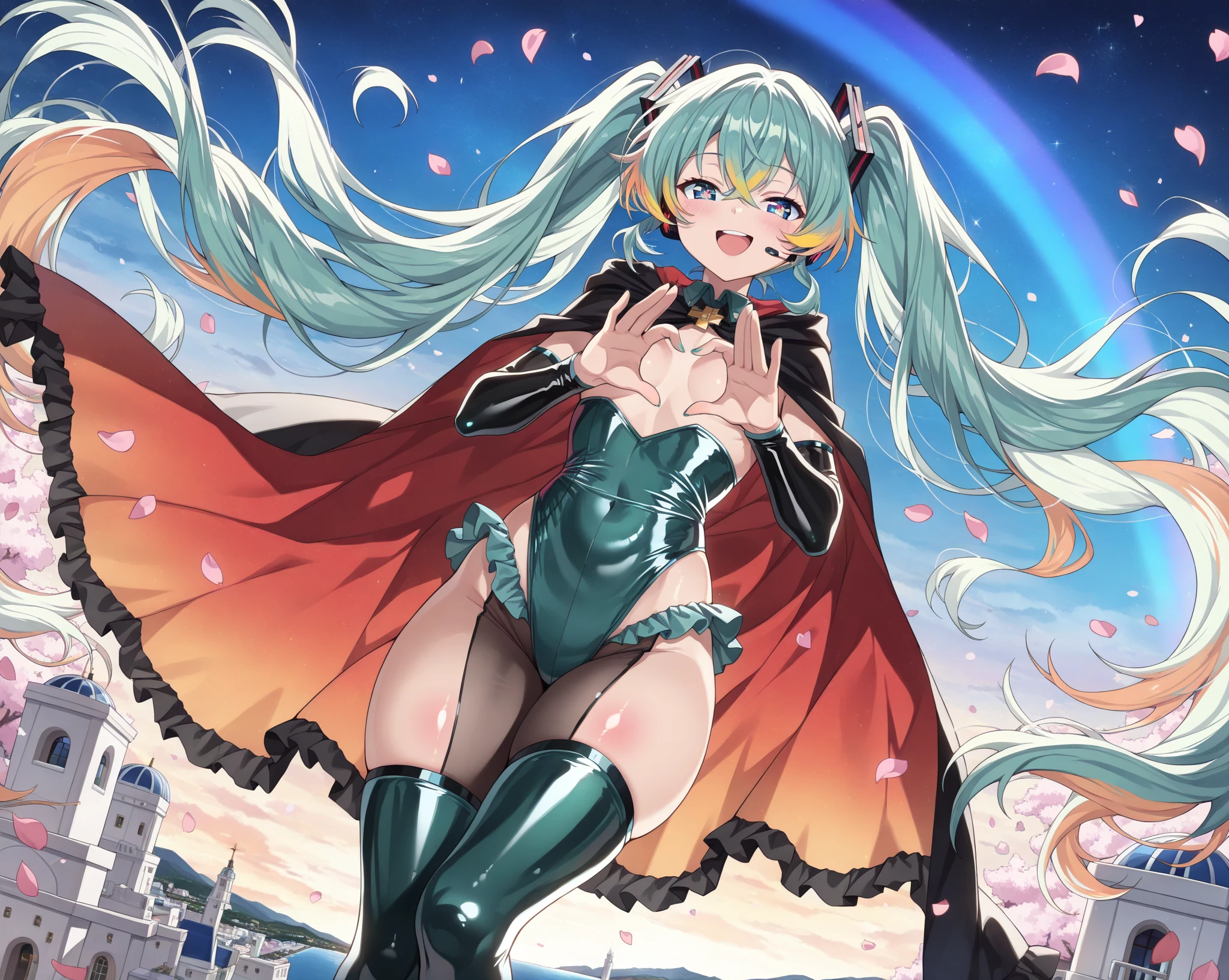 (High resolution)、((A girl is standing))、((Emotionless, blank eyes、Expressionless)), (Magic Warrior)、(FINAL FANTASY 6_Tina)、low length、(thin)、(( girl))、(Transparent fair skin), (((child girl)))、Wavy、(Green Hair)、ponytail、Purple scrunchie、((Forehead))、Big eyes、Grey Eyes、purple shoulder armor protector, (Red leotard)、A transparent light purple cloth is wrapped around her waist.、red wristbands、(covered nipples), ((Angle from below1.4)), Covered navel、(Thighs), crotch、(Red Armor Boots)、(Angle from the bottom of the girl), 1boy, ((A boy lying at her feet exposing his crotch)), (at a research facility)、((Colorful balls of light appear all around))、((Cast magic on the penis))、(((penis))), (((eject cum))), 