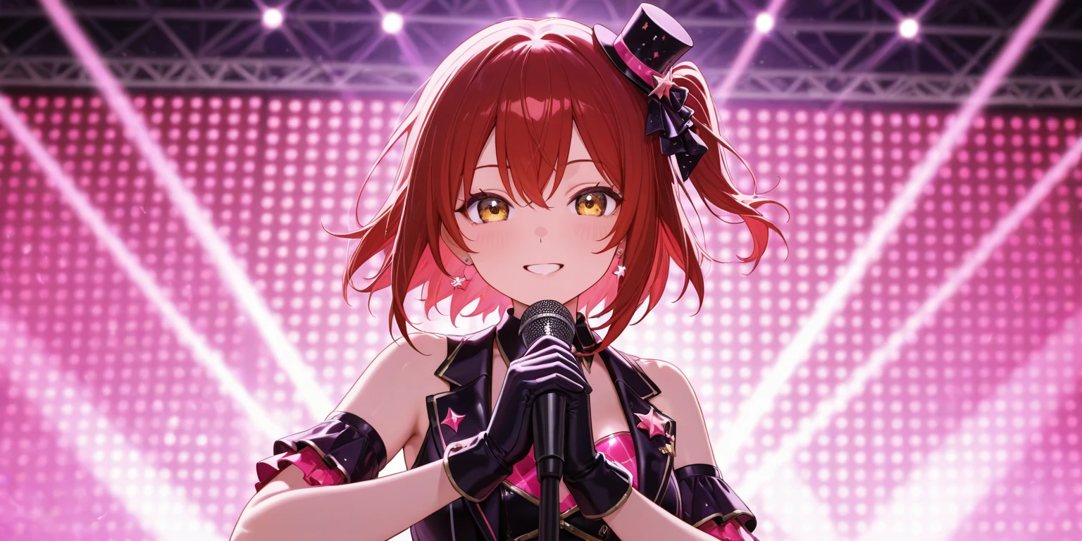 masterpiece、ighly detailed、(1 girl in:1.2)、Red hair、big eye、a closeup、A smile、8K、short-hair、animesque、Shining eyes、(((Red Idol Costume))), ((Red dress)), (((Pink gloves))), dance, sings, brilliance, on a stage,Black hair ornament, stage, A light, striated hair, radiant eyes, medium breasts, gloves, Sing with your mouth open, Bottom Black Skirt