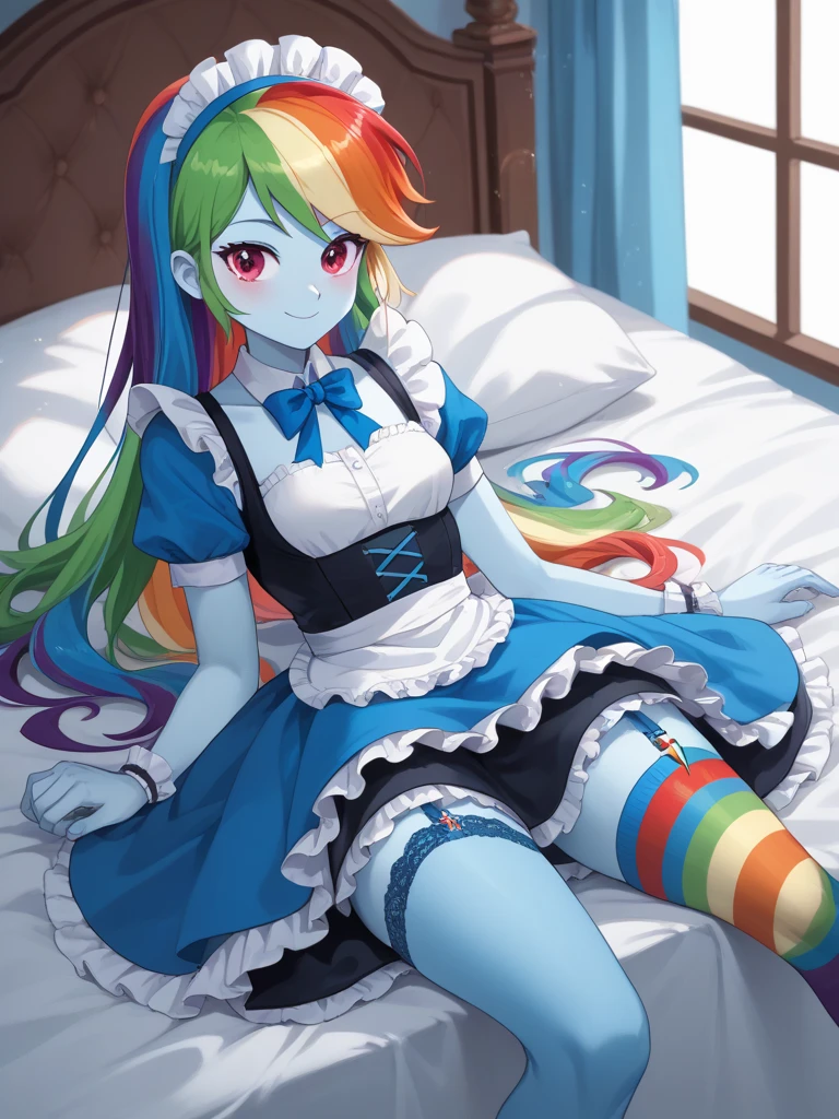 (source_pony, feral, rainbow dash:1.5), 1girl,solo,klaudiaryza1base,braid,medium breasts,sexually_suggestive,(three quarter view:1.5),from side,looking at viewer,blush,shy,(leg grab:1.3),see-through,ass,thighs,lying,on back,legs up,hairband,hair ribbon,klaudiadefshirt,klaudiadefskirt,white capelet,detached collar,choker,bare shoulders,elbow gloves,thighband pantyhose,brown pantyhose