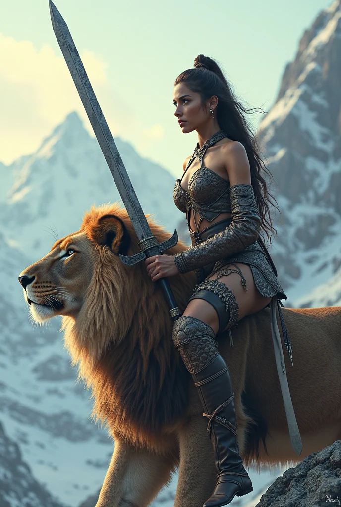 Great moroccan warrior leather Armor riding great Legendary roaring lion with thunder storm Epic scene super detailed hyper realistic