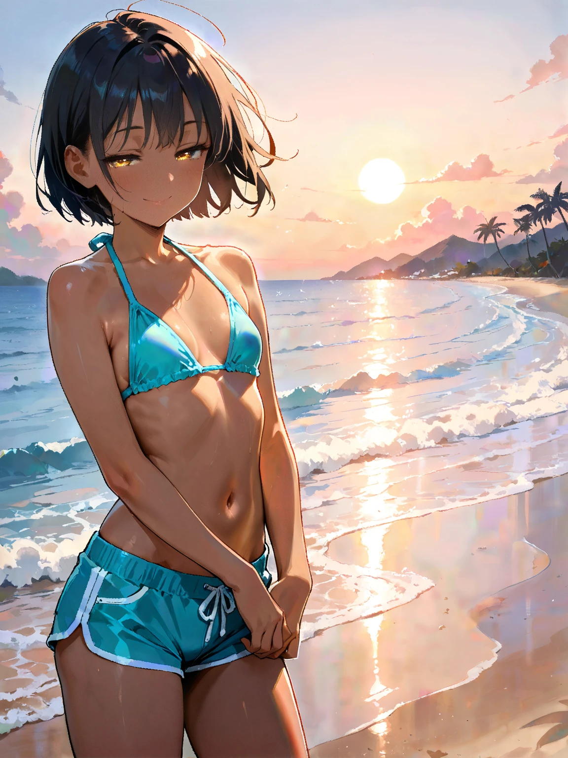 by ajimita, by yogisya
1girl
1girl , looking at viewer, , hairclip, looking back, from behind, off shoulder, bra, bikini, , smile, medium hair
beach, sunset, gradient
extremely beautiful detailed piercing eyes,
masterpiece, best quality, high quality, highres, absurdres, very detailed, high resolution, sharp, sharp image, 8k, vivid, colorful, stunning, anime