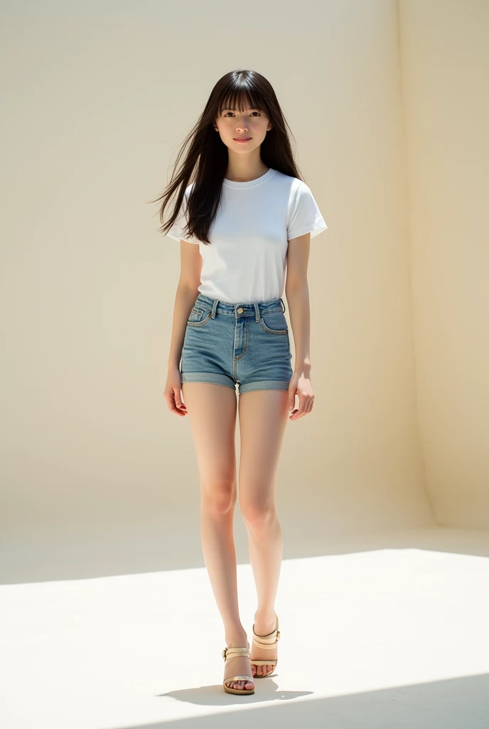 Masterpiece, a young beautiful girl, smiling, looking at the camera, standing in front of a clump of roses, wearing shorts and t-shirt, white sneakers. Wearing a top and shorts, flowers, full-body photo, casual pose, slender legs