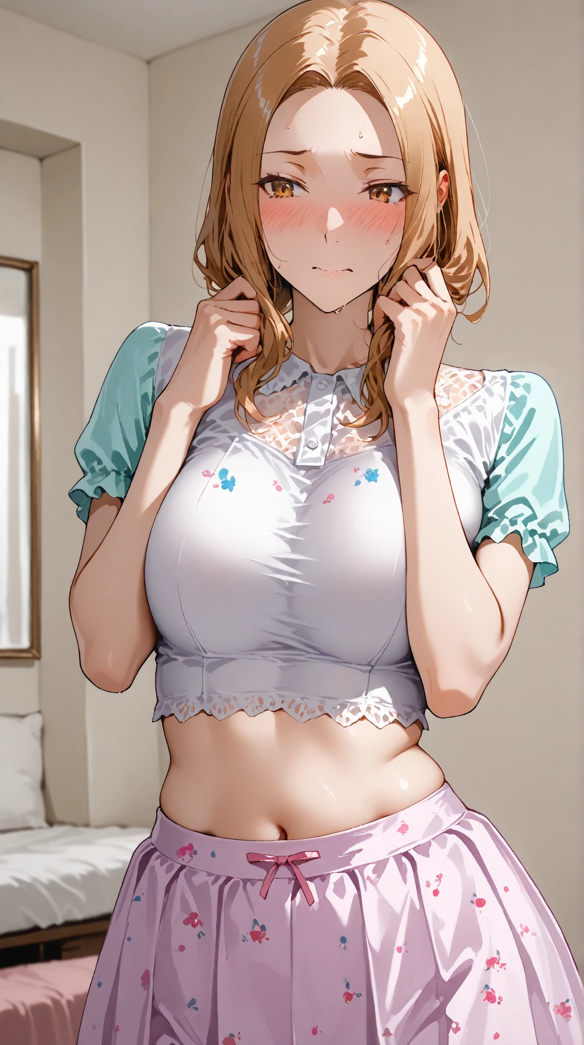 a girl, cabelo loiro um pouco ruivo, ondulados, com franja,grandes olhos verdes, corpo voluptuoso, corpo com muitas curvas,seios grandes, de corpo inteiro, bem detalhada, olhando para o espectador, in G-string panties and bra, masterpiece standing in the room