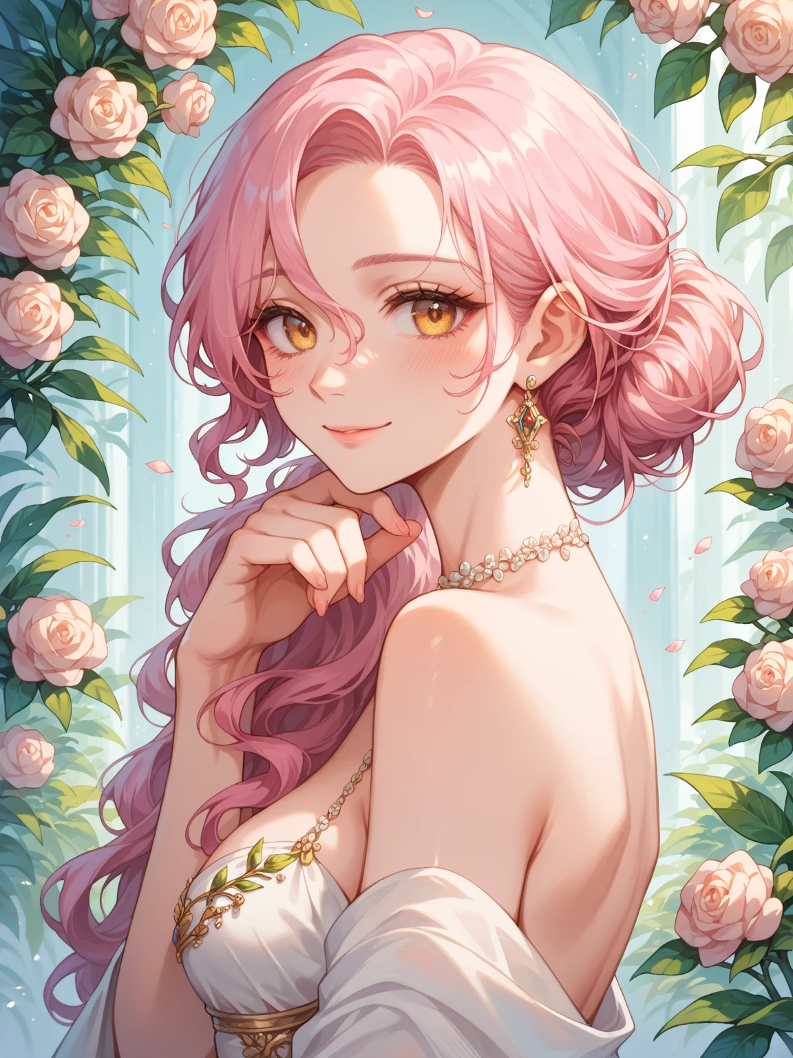 masterpiece, best quality, aphrodite, nude, laurel crown, hair over breasts, hair ornament, armlet, bracer, bracelet, upper body, smile, serene expression, garden, night, from side, (dark skin:0.8) <lora:aphrodite-nvwls-v2-000012:0.9>
