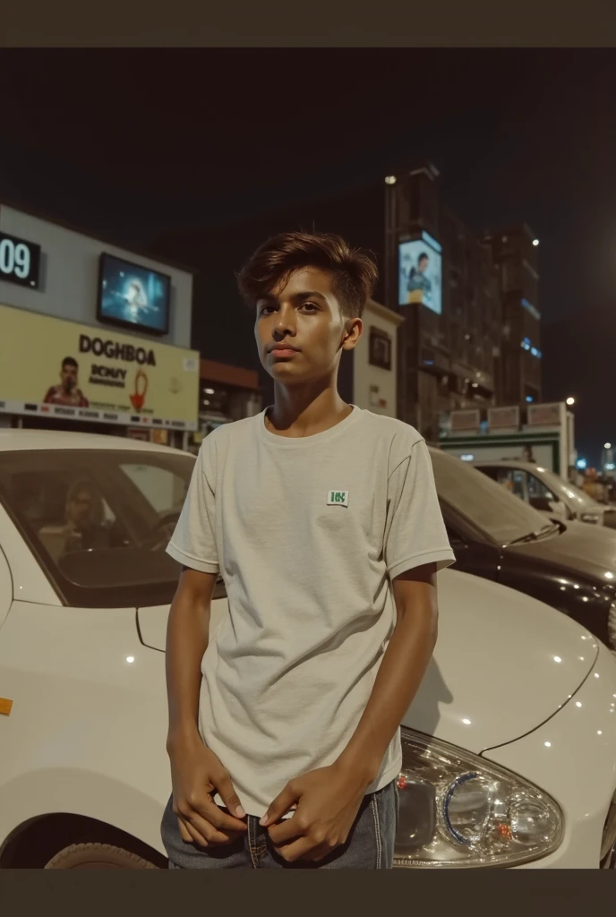 A boy wearing a t-shirt in an urban environment with vaporwave and synthwave style