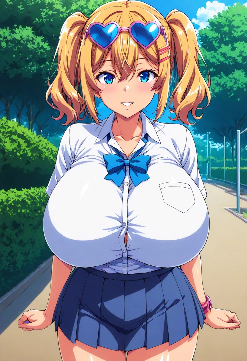 (best quality, high resolution, anime cels style:1.2), super pochaco, curvy, 1girl, beautiful face, (huge breasts:1.4), (short skirt), from below, low pov, (no panties:1.3), juicy pussy