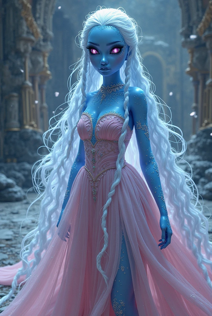 An avatar-like species, with purple skin, albino blonde hair and a white dress.