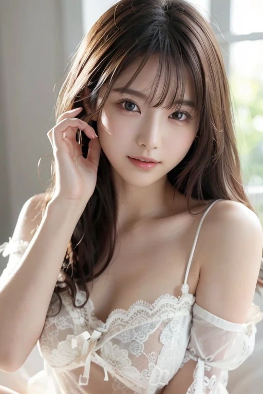 Solo Detailed and realistic portrait of a beautiful young Asian woman。She has long light brown hair and big light brown eyes.。"I'm eating shaved ice."。 ((Medium chest、Tomboy、Small Head))、sunlight、sunlight、(Chiseled Abs: 1.1)、(Perfect body: 1.1)、Auburn Hair、first round、chain、Full Body Shot、、Highest quality、One beautiful woman、Long Hair、Brown Hair、Beautiful woman wearing a tropical bandeau bikini playing in the morning sea。She is laughing happily。