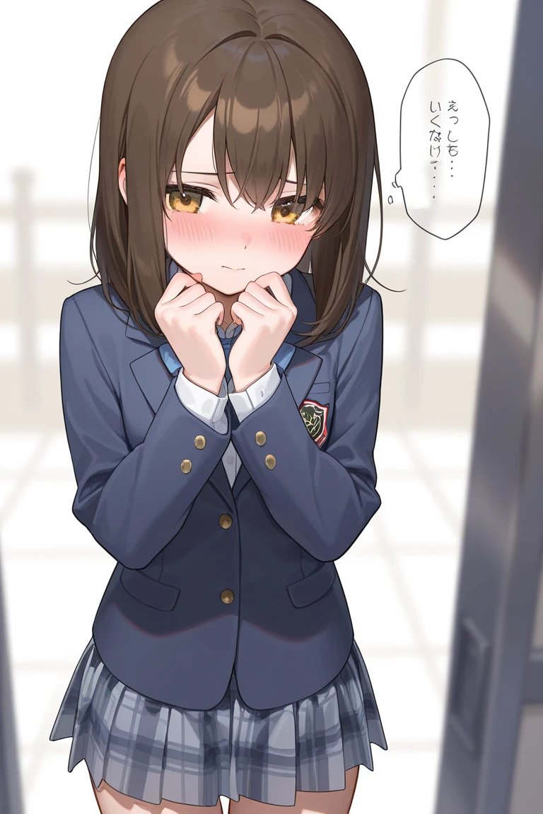 (Masterpiece, Best Quality:1.2), 1 girl, Alone,standing_to divide, Mikan Yuuki, Brown eyes, Brown hair, short hair, embarrassed face , hair ornament,wide,  School, panties
