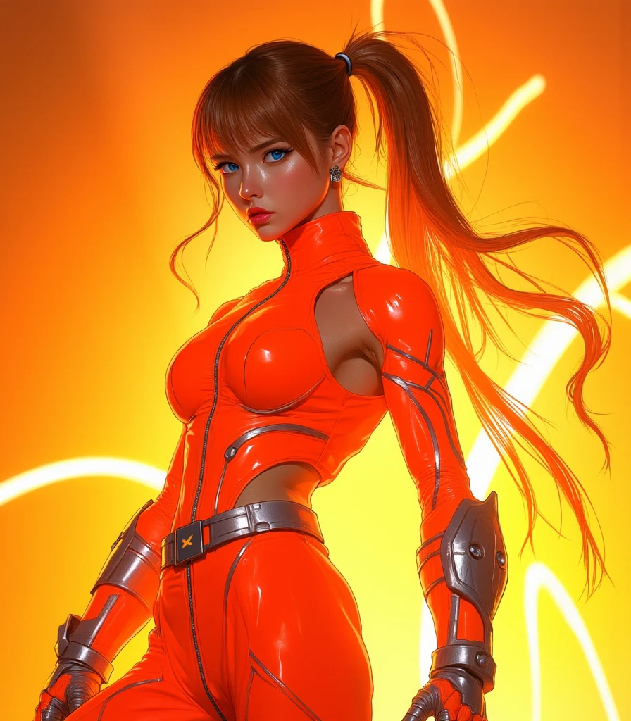 Digital painting of a woman with orange color and black messy hair, long hair, Superhero, Muscle Girl, frying, Pose, fist up, From above, 1 knee up, bare shoulder, long cape, Behance Contest Winner, Afrofuturism, Synthwave, neon, glowing neon, Huge saggy breasts, (cute smile face:0.25), glitter galaxy background, planets,