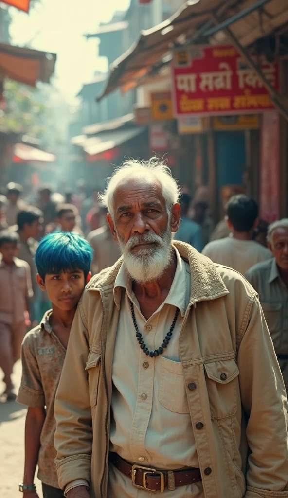 A scene on a busy street in India, showing an elderly man with white hair and a beard, wearing a beige jacket. He stands beside a young boy with bright blue hair, who looks up at him with a serious expression. The background is a bustling marketplace with blurred shops and pedestrians passing by, creating a sense of movement. The title of the movie is displayed at the top of the image in bold red and yellow text, contrasting with the muted colors of the street scene."
This prompt should capture the essence of the scene you're describing!