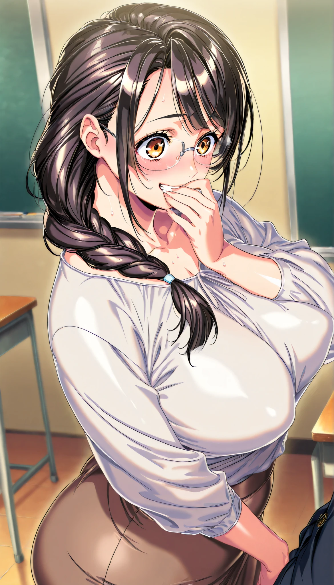 (Yokota Mamoru style),masterpiece, top quality, Newest, high resolution, 1 girl,stare at the viewers,Charming smile,(portrait :1.4)、(  blind mature woman  ),  charming mature housewife,  glasses　Wear clothes,    dark haired, long braided ponytail, sensual表情  ,  teacher , She is in the classroom in ,  has big thighs, chubby butt, erotic, sensual, sex,  Surprised Expression , Naive,  clench teeth ,  Perfect Body  , blush , esta vestida con una Skirt de tubo, Skirt,  very low cut blouse ,  taken from the front  , front angle ,  Slender body ,  sweat,  covers his mouth with his hands , dark longstocking, 