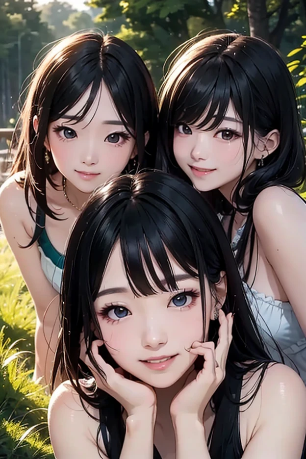 ( 3 girls), smile、Look into the camera、diamond necklace、braided hair, Wear a jeans skirt..,Random color tank top:1.2. Revealing the upper arm、Extra long twin tail feathers、Flower Hair Ornaments、 Masterpiece, Highest quality, 8ก, beautiful girl, young face、 photography, Cute face, thigh,(Sitting in a lotus pond),、smile、small waist, blue eyes(((The chest is erect....)))(((round chest)))(((big breasts:1.2)))