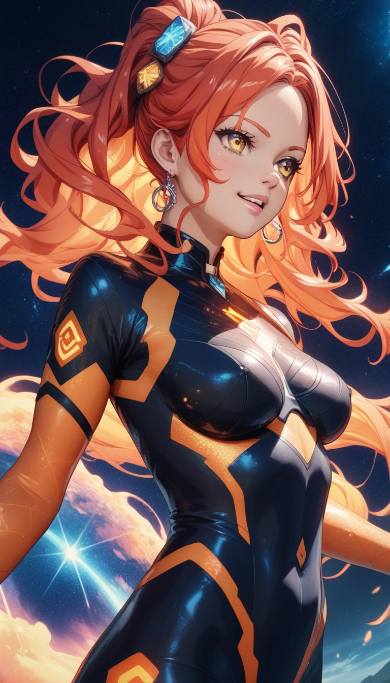 (best quality,4k,8k,highres,masterpiece:1.2),ultra-detailed,anime girl fantasy,sci-fi,space suit,big,front view,solo photo,thick hair,thick thighs,standing,thick legs,colorful,powerful lighting,deeper shadows,sharp focus,detailed facial features,sparkling eyes,stylish outfit,vibrant colors,background with celestial elements.