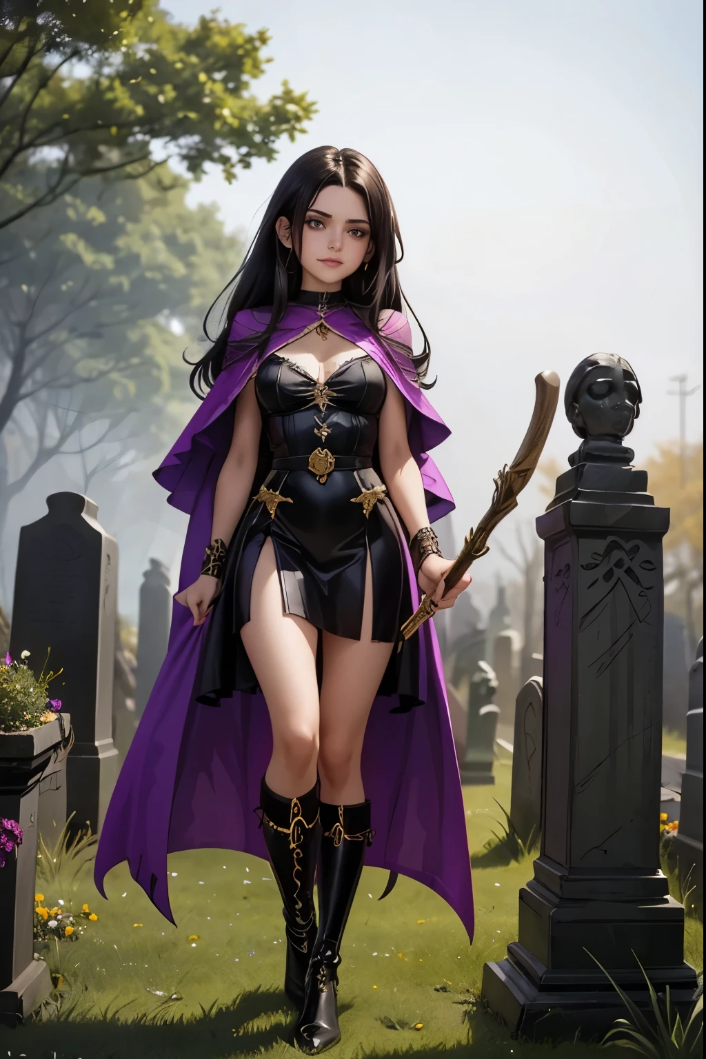 A middle-aged witch with long, silver-streaked raven hair hovers over a mist-shrouded cemetery. Her face is both wise and mysterious, marked by a timeless beauty. She wears a dark purple cloak adorned with arcane symbols, which billows in the wind. She clutches a staff inlaid with pulsating gems, from which thin strands of golden magic spring. Around her, floating shadows hide among the gravestones, drawn to her power. Despite the eerie air of the scene, her gaze is warm and captivating, with an enigmatic smile that makes one wonder if she is more guidance than threat.
