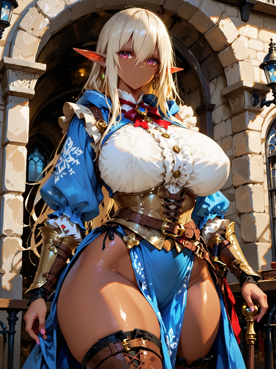 facing shot) of a (((beautiful))) Asian (((Oni female))) warrior, ((squatting down with legs spread)) and holding on shoulder a ((massive iron mace)), (wepon), wearing (Tiger print short kimono), with ((thick curvy mature body)) yet ((muscular)), long and voluminous (white hair) blown by the wind, (2 long anime_Oni_horns ), reddish fair skin , (perfect detailed face features) expressive eyes with proud look , thick lips letting a provocative grin,