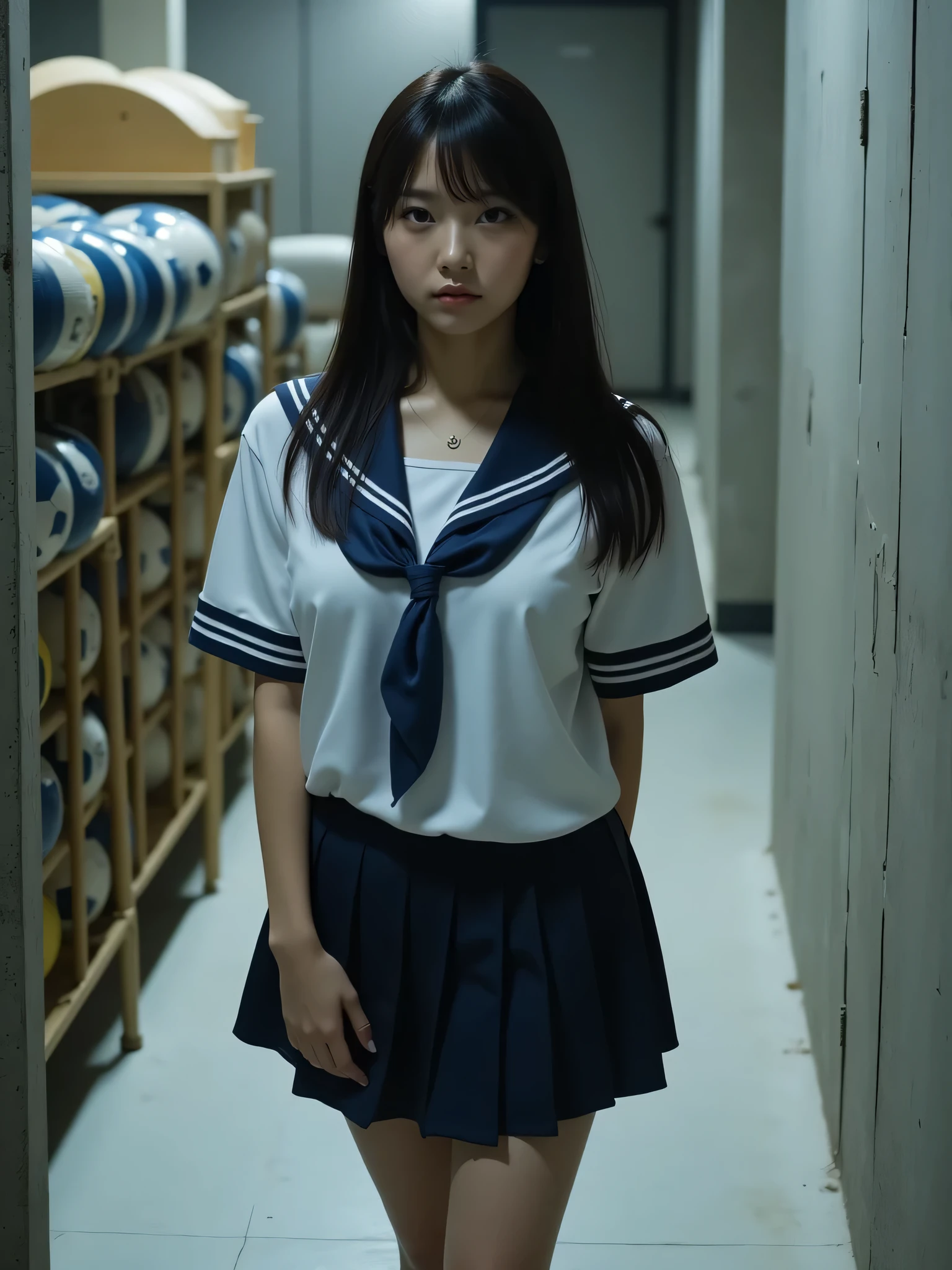 japanese cute idol, Japanese cute girl, kawaii, a beautiful young girl dressed up as a sailor, 1girl, solo, school uniform, serafuku, skirt, (The normal face of Japan),(The plain face of Japan ),(Curvy Body),(High school uniform、Wearing school uniform) black hair、 pleated skirt 、a beauty girl,large breast,focus breasts,show bra ,underwear ,navel, Messy narrow Sports warehouse room. dark light gray hue shift. Dim lit. Evening. slightly old background wall. white floor with few scratches. few crack and little dirt on wall. wooden vaulting boxes. Hurdles. soccer balls in a cage made of iron pipes. Light gray Stacked gymnastics mats. , (embarrassed, nose blush:1.3), dark illumination room
