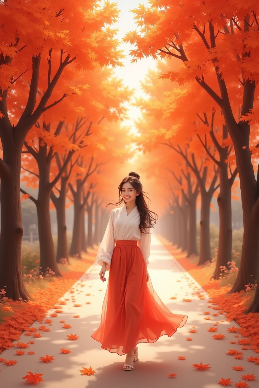 in a forest with autumn colors: a cheerful child (bright smile) (movement of the child throwing himself into the pile of leaves (red, yellow and orange)). Canon EOS 5D Mark IV, sunset, high quality photos, top detail, masterpiece, author: ksenia belanger.