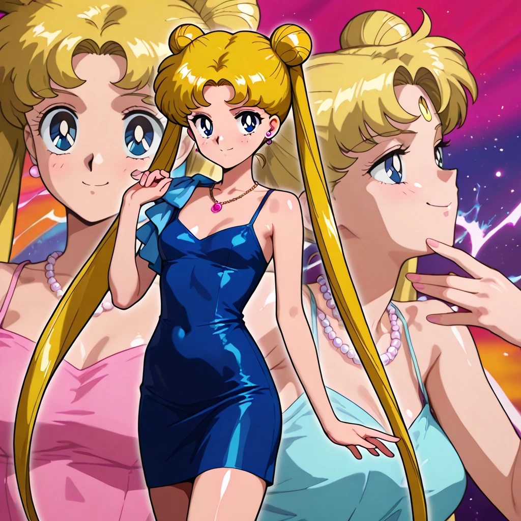 STICKER (Sailor Moon), cosplay, face view, ass view, high heeled boots, show boots, ultra detailed, masterpiece, best quality, sticker with borders, tan skin, ponytail,(sailor moon costume), blue eyes, blonde hair, long hair, smile, nsfw, big breasts, thigh highs, panties, wide hips, short, solo, full cleavage, full body portrait, model pose, show all, wide angle view, multiple, see thru nipple