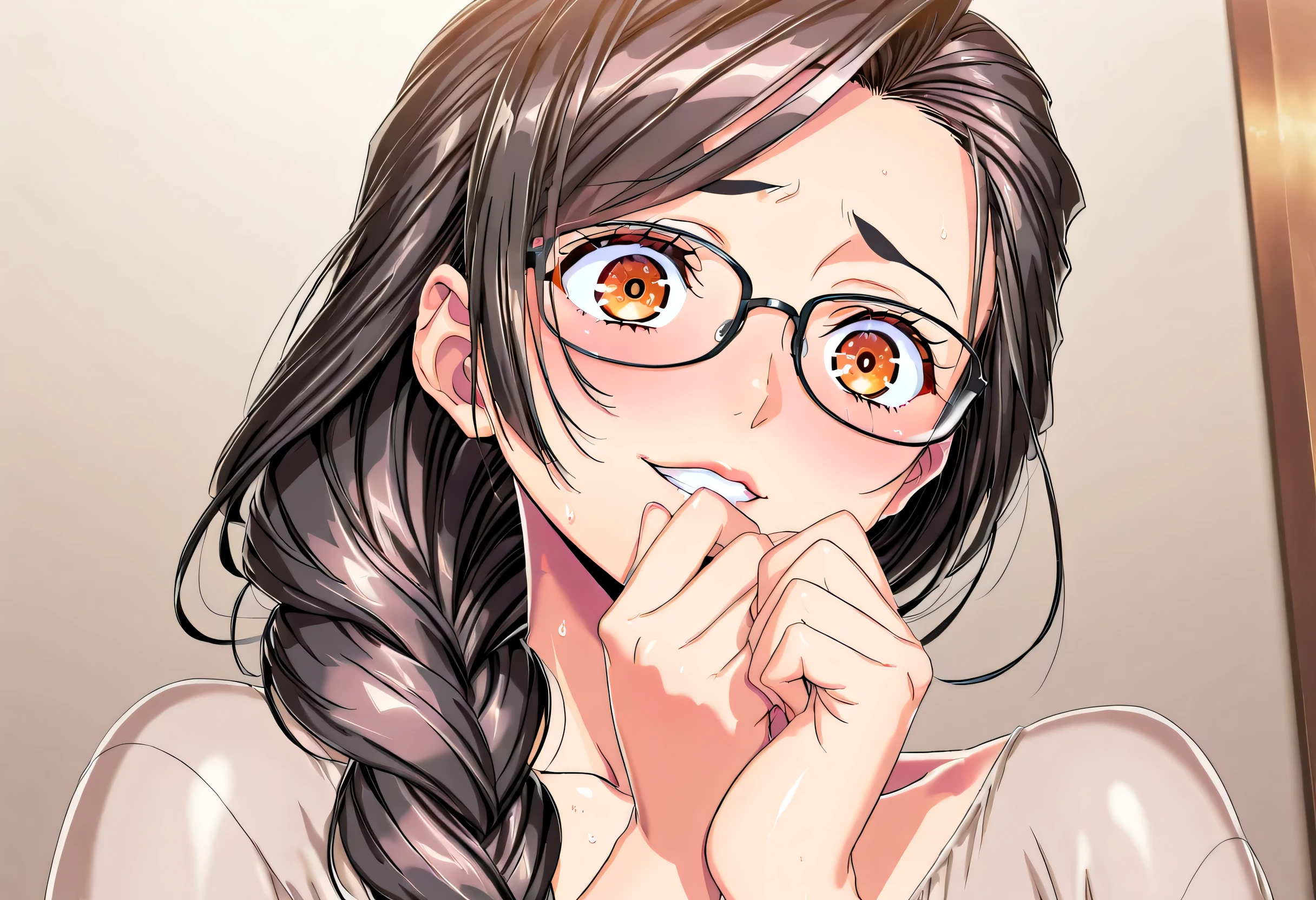 (Yokota Mamoru style),masterpiece, top quality, Newest, high resolution, 1 girl,stare at the viewers,Charming smile,(portrait :1.4)、( blind mature woman ), charming mature housewife, glasses Wear clothes, dark haired, long braided ponytail, sensual表情 , teacher , erotic, sensual, sex, Surprised Expression , Naive, clench teeth , Perfect Body , very low cut blouse , taken from the front , Slender body , sweat, covers his mouth with his hands