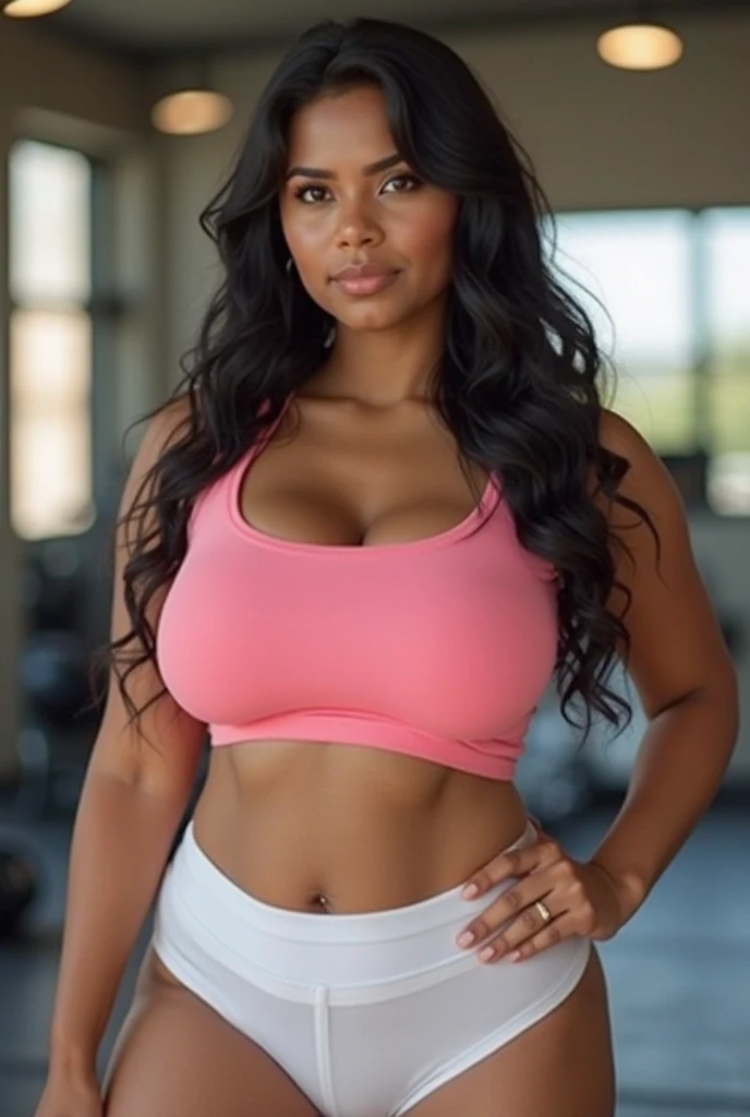 Erstellen Sie eine hyperrealistische, photorealistic photo of 30 year old black woman, Emphasizing her detailed and perfect facial features, hat lange, slightly curly black hair and striking gray-hazel eyes. kleine Nase, kurvig, Very big tits, Brustgröße (Cup size 90K). capturing the essence of her beauty and maturity, characteristic of a 30 year old black MILF. Der Stil sollte hochwertig sein, Kunstrealismus, Jedes Detail wird erfasst, um eine lebensechte und authentische Darstellung zu vermitteln. Wearing high-performance activewear—a bright pink sports bra and black leggings—she's in a modern gym with large windows, die einen Blick auf die Stadt bieten. Mitten im Training, sie macht eine Pause, Mit einer Wasserflasche in der Hand auf einer Bank sitzen, ein Ausdruck der Entschlossenheit in ihren Augen.