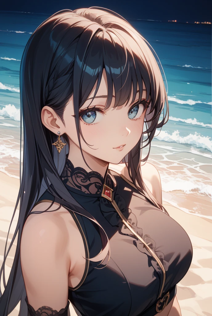 European Royal Palace Gardens、Long black hair、Black Eyed Woman、Face close-up、smile、Elegant dress