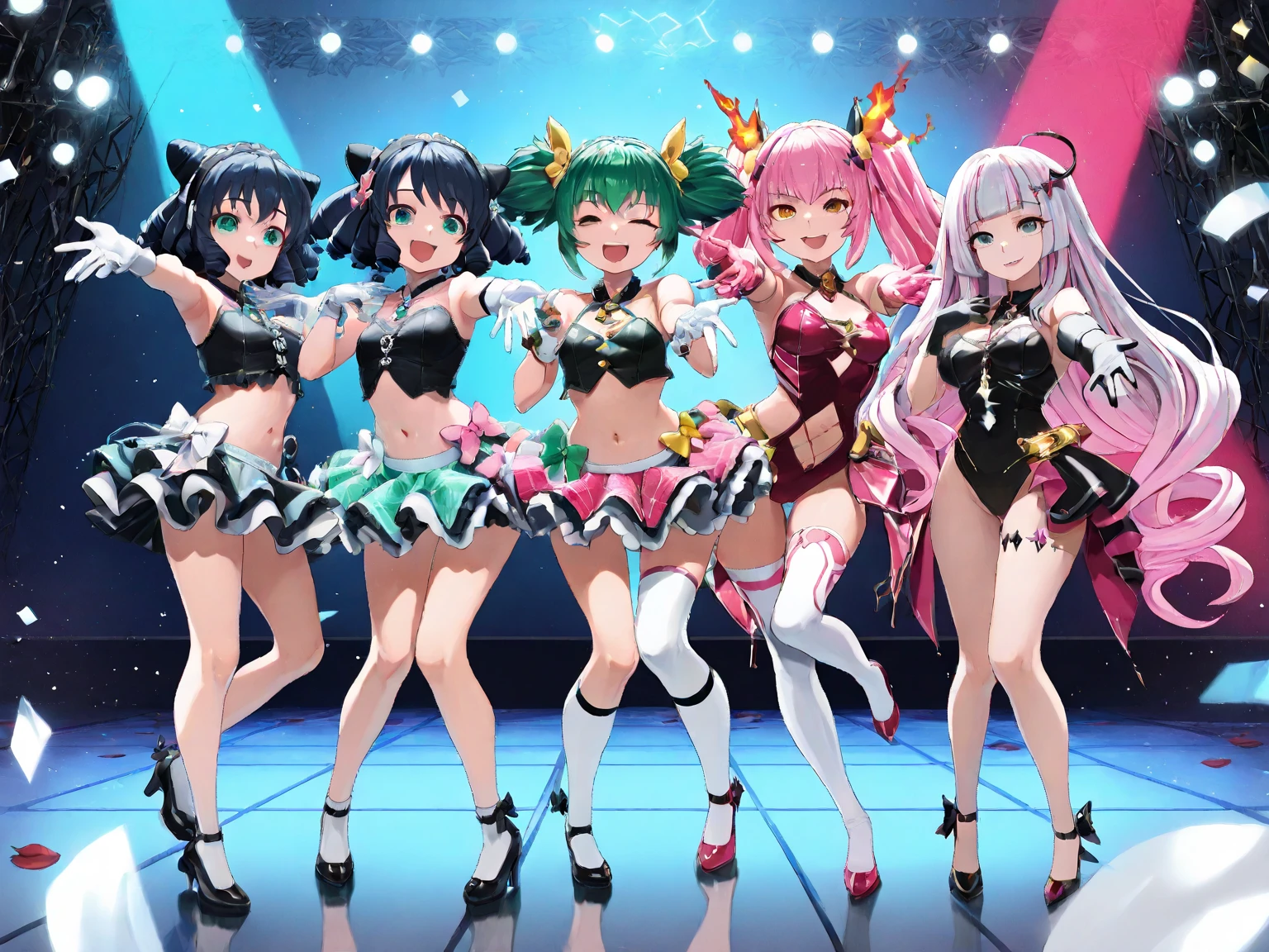 Masterpiece, super high quality anime style illustration. Rio de Janeiro samba carnival, ((two Japanese samba dancers)), ((two very cute girls)), colorful and flashy lighting, ((standing upright with smiles)), colorful hair, bob, short. Black eyes, perfect makeup. Revealing outfit, ((standing upright)), beautiful legs, attractive legs ((standing together)), arms raised up to appeal to the audience.