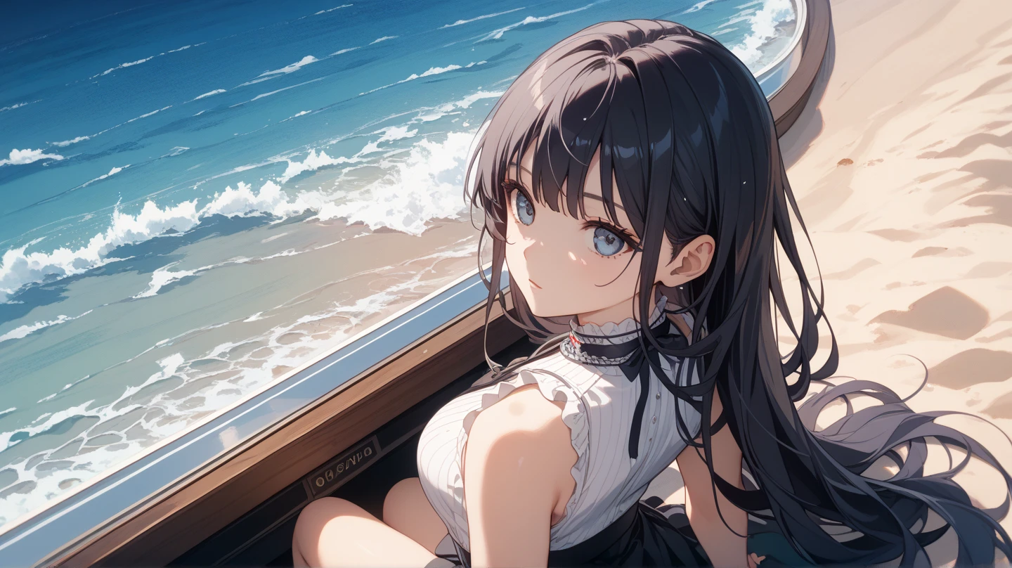 (a teenager female), lie on the beach wears miniskirt, wears white slop, in the afternoon, her hair blowing in the wind, gradient hair, black hair, brown hair, long hair, depth of field, cinematic lighting, ray tracing, reflection light, backlighting, close-up, masterpiece, best quality, high quality, accurate, anatomically correct, textured skin, UHD, 1080P