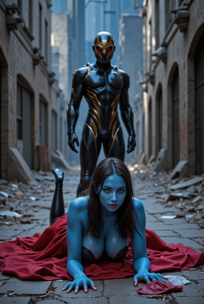 Blue Beautiful Nun, realistic, gigantic , full body & Youg boy with red hoodie, headphones, Star-lord helmet, rocket boots, gas helmet, covered mouth, round red, eyes, front cover, Kid Staord with red hoodie, star-lord helmet, gas helmet, covered mouth, round red eyes, Red eyes, magic rings in the hands and rocket boots, Fighting, power, fiction, 2 persons, magic lasso, hight, fall, DJ, view of the city from above, flying in the sky, capa roja, fire under shoes, Space, Smoke, World.