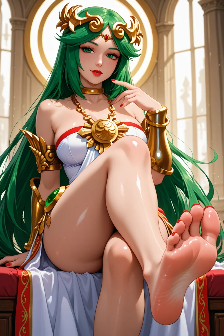 a divine woman with braided green hair, large bust, wide hips, sexy, with real mantis legs, posing in a sexy way, **pink eyes**,**pink eyes**,**pink eyes**,**pink eyes** and intense red lipstick, NAKED